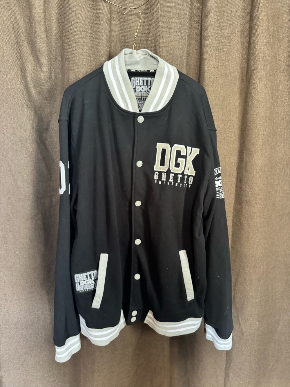 DGK Black and White Varsity Bomber Jacket with Logo Patches